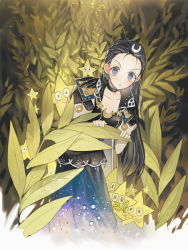 Rule 34 | 1girl, black hair, blue eyes, choker, collarbone, crescent, crescent hair ornament, dress, hair ornament, looking at viewer, plant, puffy sleeves, shamko, solo, star (symbol)