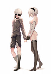 Rule 34 | 1boy, 1girl, aki663, ass, black dress, black thighhighs, blindfold, breasts, cleavage cutout, clothing cutout, collar, commentary request, couple, dress, full body, gloves, headband, hetero, highres, holding hands, legs apart, leotard, medium breasts, mole, mole under mouth, nier:automata, nier (series), shirt, short hair, shorts, simple background, socks, standing, thighhighs, white hair, white leotard, 2b (nier:automata), 9s (nier:automata)