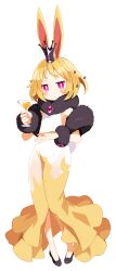Rule 34 | 1girl, animal ears, blonde hair, blush, bright pupils, cocktail glass, crown, cup, disgaea, disgaea rpg, dress, drink, drinking glass, formal, hair ornament, highres, hobble dress, holding, holding drink, jitome, non-web source, official art, photoshop (medium), rabbit ears, rabbit hair ornament, rabbit tail, red eyes, short hair, sleeveless, sleeveless dress, smile, solo, tail, thighhighs, transparent background, usalia (disgaea)