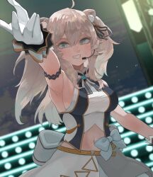 Rule 34 | 1girl, absurdres, ahoge, animal ear piercing, animal ears, armlet, armpits, back bow, bow, breasts, clothing cutout, commentary request, gloves, grey eyes, grey hair, hair between eyes, halter shirt, halterneck, headpiece, highres, hololive, hololive idol uniform, idol, idol clothes, large bow, large breasts, layered skirt, lion ears, long hair, looking at viewer, mato (target5260), messy hair, navel, navel cutout, official alternate costume, reaching, reaching towards viewer, shishiro botan, sidelocks, skirt, sleeveless, solo, stage, two side up, virtual youtuber, white bow, white gloves, white skirt