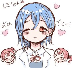 Rule 34 | 2girls, :3, blue hair, blush, chibi, chibi inset, closed eyes, closed mouth, coat, collared shirt, commentary request, hair between eyes, heart, looking at viewer, love live!, love live! superstar!!, multiple girls, neck ribbon, one eye closed, open clothes, open coat, open mouth, portrait, red eyes, red hair, red ribbon, ribbon, school uniform, shirt, short hair, solo focus, suzuhara nozomi, translation request, upper body, wakana shiki, white background, white coat, white shirt, winter uniform, yoneme mei, yuigaoka school uniform