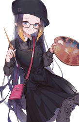Rule 34 | 1girl, bag, black dress, black hat, black pantyhose, blonde hair, blue eyes, dress, glasses, gradient hair, hat, highres, holding, holding paintbrush, hololive, hololive english, long hair, long sleeves, looking at viewer, machi (7769), multicolored hair, ninomae ina&#039;nis, ninomae ina&#039;nis (casual), paintbrush, palette (object), pantyhose, pleated dress, purple hair, revision, shoulder bag, smile, solo, tentacle hair, very long hair, virtual youtuber