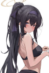 Rule 34 | 1girl, bikini, black bikini, black hair, blue archive, breasts, hairband, halo, highres, leviathan (hikinito0902), long hair, looking at viewer, medium breasts, official alternate costume, ponytail, purple eyes, purple hairband, simple background, solo, swimsuit, ui (blue archive), ui (swimsuit) (blue archive), upper body, white background, yellow halo