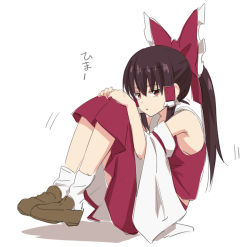 Rule 34 | 1girl, :&lt;, ankle socks, armpit crease, bare shoulders, bored, bow, brown footwear, brown hair, detached sleeves, eyes visible through hair, feet up, frilled bow, frilled hair tubes, frills, from side, full body, hair bow, hair tubes, hakurei reimu, half-closed eyes, hands on own knees, hands up, knees up, large bow, legs together, leon (mikiri hassha), loafers, long hair, long sleeves, looking at viewer, looking to the side, medium skirt, motion lines, nontraditional miko, parted lips, ponytail, red bow, red eyes, red skirt, red vest, shadow, shoes, simple background, sketch, skirt, skirt set, sleeve garter, sleeveless, socks, solo, straight hair, touhou, triangle mouth, vest, white background, white sleeves, white socks, wide sleeves
