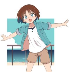Rule 34 | 1girl, :d, aomushi (mushamusha), beach, blue eyes, blue jacket, blue sky, brown hair, brown shorts, cloud, cloudy sky, commentary, day, denim, denim jacket, girls und panzer, highres, jacket, leaning to the side, looking at viewer, ocean, open clothes, open jacket, open mouth, outdoors, outside border, outstretched arms, railing, sakaguchi karina, shirt, short hair, short sleeves, shorts, sky, smile, solo, spread arms, standing, white shirt
