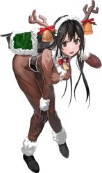 Rule 34 | 10s, animal costume, bell, black hair, blush, bob (biyonbiyon), bodysuit, chikuma (kancolle), full body, gloves, horns, kantai collection, leaning forward, looking at viewer, official art, open mouth, reindeer costume, ribbon, solo, transparent background