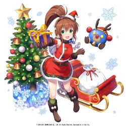 Rule 34 | 1girl, :d, box, breasts, brown hair, christmas, christmas tree, dress, full body, fur-trimmed dress, fur-trimmed headwear, fur trim, gift, gift box, gloves, green eyes, hat, hyuuga azuri, long hair, looking at viewer, medium breasts, official art, open mouth, ponytail, precis neumann, red headwear, santa dress, santa hat, second-party source, skirt, smile, star ocean, star ocean anamnesis, star ocean the second story, white background