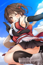 Rule 34 | 10s, 1girl, ;d, armpits, black gloves, blue sky, brown eyes, brown hair, cloud, cloudy sky, day, elbow gloves, from side, gloves, grin, hair between eyes, hair ornament, highres, kantai collection, looking at viewer, one eye closed, open mouth, outdoors, pleated skirt, scarf, school uniform, sendai (kancolle), sendai kai ni (kancolle), serafuku, skirt, sky, sleeveless, smile, solo, two side up, wakagi repa