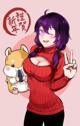 Rule 34 | 1girl, ;d, ahoge, beifeng han, black pants, breasts, chinese commentary, chinese zodiac, cleavage, happy new year, large breasts, long hair, looking at viewer, low twintails, meme attire, miyaura sanshio, new year, one eye closed, open-chest sweater, open mouth, original, pants, purple hair, red sweater, ribbed sweater, smile, solo, sweater, twintails, v, year of the rat
