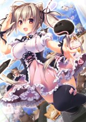 Rule 34 | 1girl, absurdres, ahoge, animal ears, bag, bell, blonde hair, blush, book, bow, brown eyes, brown hair, cat, cat ears, cat tail, crying, dress, extra ears, fake animal ears, fang, frilled dress, frilled thighhighs, frills, hair ribbon, hairband, happy, heart, highres, jingle bell, konomi (kino konomi), long hair, open mouth, original, outstretched arm, ribbon, ripples, shopping bag, sky, solo, star (symbol), stylus, tablet pc, tail, thighhighs, too many, too many cats, twintails