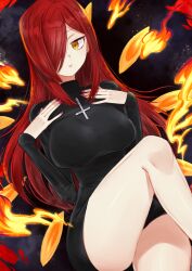 Rule 34 | 1girl, breasts, cross, cross necklace, crossed legs, fire, hair over one eye, highres, jewelry, krieg (skullgirls), large breasts, miko (0721miko), necklace, parasoul (skullgirls), pink lips, red nails, sitting, skirt, solo, sweater, turtleneck, turtleneck sweater, yellow eyes