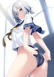 Rule 34 | 1girl, absurdres, adjusting clothes, adjusting swimsuit, ass, blue eyes, blush, breasts, closed mouth, hair ornament, hair over one eye, hair scrunchie, hairclip, hamakaze (kancolle), highres, kantai collection, large breasts, looking at viewer, nebusoku, neckerchief, sailor collar, school swimsuit, school uniform, scrunchie, serafuku, short hair, solo, swimsuit, swimsuit under clothes, thighs, wet, wet clothes