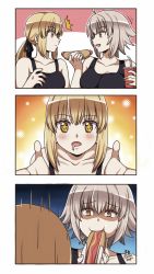 Rule 34 | 3koma, ^^^, artoria pendragon (fate), bare shoulders, black tank top, blonde hair, blush, comic, cup, drinking straw, drooling, eating, fate/grand order, fate (series), hair between eyes, hair ribbon, highres, hot dog, jeanne d&#039;arc (fate), jeanne d&#039;arc alter (avenger) (fate), jeanne d&#039;arc alter (fate), low ponytail, maroonabyss, open mouth, ribbon, short hair, signature, silent comic, simple background, tank top, white hair, yellow eyes