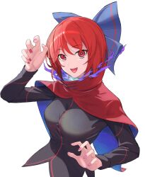 Rule 34 | 1girl, :d, black shirt, blue bow, bow, breasts, claw pose, cloak, double dealing character, hair bow, highres, kanpiro, long sleeves, looking at viewer, medium breasts, open mouth, red cloak, red hair, sekibanki, shirt, short hair, simple background, smile, solo, touhou, twitter username, white background