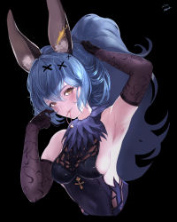 Rule 34 | 1girl, absurdres, animal ear fluff, animal ears, arm up, armpits, bare shoulders, black background, black dress, black gloves, blush, breasts, brown eyes, closed mouth, commentary request, covered navel, dress, earrings, elbow gloves, erune, ferry (granblue fantasy), gloves, granblue fantasy, hair ornament, hair tie, highres, jewelry, long hair, looking at viewer, medium breasts, mouth hold, nikumocchi, ponytail, sideboob, signature, simple background, sleeveless, sleeveless dress, solo, star (symbol), tying hair, x hair ornament