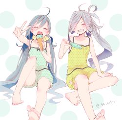 Rule 34 | 2girls, ahoge, alternate costume, asashimo (kancolle), barefoot, blue camisole, blue shorts, camisole, casual, colis, eating, closed eyes, facing viewer, food, full body, grey hair, grin, hair between eyes, hair over one eye, ice cream, kantai collection, kiyoshimo (kancolle), long hair, low twintails, multiple girls, open mouth, polka dot, polka dot background, polka dot camisole, polka dot shorts, ponytail, puffy shorts, round teeth, sharp teeth, shorts, smile, teeth, twintails, twitter username, upper teeth only, v, white background, yellow camisole, yellow shorts