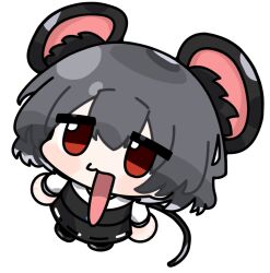 Rule 34 | 1girl, animal ear fluff, animal ears, black skirt, black vest, chibi, cookie (touhou), full body, grey hair, highres, long sleeves, looking at viewer, looking up, mouse ears, mouse girl, mouse tail, nazrin, nyon (cookie), open mouth, red eyes, shirt, short hair, simple background, skirt, solo, tail, touhou, traveler hxy, vest, white background, white shirt