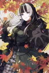 Rule 34 | 1girl, autumn leaves, black choker, black dress, black gloves, black hair, blue eyes, blunt bangs, choker, dress, gloves, gothic lolita, grey hair, hand fan, highres, holding, holding fan, hololive, hololive dev is, juufuutei raden, lace-trimmed choker, lace trim, lolita fashion, looking at viewer, multicolored hair, paper fan, sidelocks, smile, solo, streaked hair, virtual youtuber, yanu