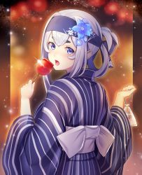 Rule 34 | 1girl, bad id, bad twitter id, bandana, blue eyes, blue kimono, breasts, candy apple, flower, folded ponytail, food, from behind, hair flower, hair ornament, headband, highres, japanese clothes, kamoi (kancolle), kantai collection, kimono, long hair, looking at viewer, looking back, open mouth, pantsu majirou, print headband, sidelocks, solo, striped clothes, striped kimono, thick eyebrows, upper body, vertical-striped clothes, vertical-striped kimono, white hair