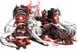 Rule 34 | 1girl, abyssal ship, armor, armored boots, asymmetrical legwear, boots, breasts, burning hair ties, exhaust, glowing, glowing eye, hair censor, hair over one eye, high heels, kantai collection, keita (tundereyuina), knees up, legs, long hair, looking at viewer, mechanical arms, red eyes, rigging, silver hair, simple background, sitting, solo, southern ocean war princess, teeth, topless, turret, twintails, uneven legwear, very long hair, white background