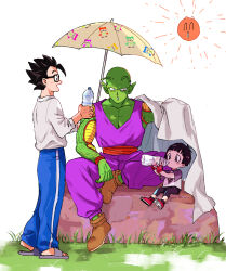 Rule 34 | 1girl, 2boys, :d, antenna hair, black-framed eyewear, black hair, black pants, blanket, blue pants, blunt bangs, blush, boots, bottle, brown footwear, child, collarbone, commentary request, dougi, dragon ball, dragon ball super, dragon ball super super hero, drinking, eyelashes, father and daughter, fingerless gloves, glasses, gloves, grass, grey footwear, hand up, hands up, holding, holding bottle, long sleeves, looking at another, multiple boys, namekian, no eyebrows, open mouth, pan (dragon ball), pants, parasol, parted lips, pectorals, piccolo, pny panya, pointy ears, profile, purple pants, red footwear, red gloves, red sash, rock, sandals, sash, shirt, shirt tucked in, short hair, short sleeves, simple background, sitting, smile, son gohan, spiked hair, standing, sun, t-shirt, umbrella, water bottle, white background, white shirt