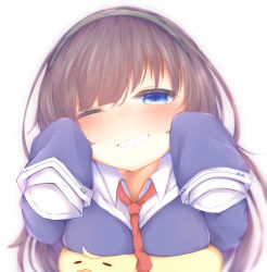 Rule 34 | 1girl, azur lane, blue eyes, blush, breast rest, breasts, brown hair, commentary request, dress shirt, grin, hairband, highres, long island (azur lane), looking at viewer, manjuu (azur lane), neckerchief, one eye closed, shirt, sleeves past wrists, smile, solo, sorahachi (sora823)