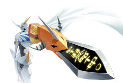 Rule 34 | arm blade, armor, bakeneko38, blue eyes, cape, digimoji, digimon, digimon (creature), emblem, from side, highres, horns, looking ahead, mecha, mismatched arms, omegamon, outstretched arm, robot, shoulder armor, simple background, sword, translated, weapon, white background, white cape