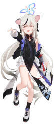 Rule 34 | 1girl, animal ears, black dress, black hair, black jacket, blue archive, blush, breasts, clothing cutout, dress, full body, grey hair, halo, highres, jacket, kokona (blue archive), legs, long hair, looking at viewer, multicolored hair, red eyes, shoes, simple background, small breasts, smile, sneakers, solo, standing, streaked hair, striped clothes, striped dress, subachi, thighs, vertical-striped clothes, vertical-striped dress, very long hair, white background, white footwear