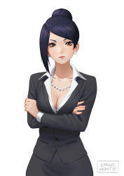 Rule 34 | 1girl, artist name, asymmetrical bangs, bijin onna joushi takizawa-san, black hair, breasts, brown eyes, carlo montie, cleavage, collared shirt, crossed arms, formal, hair bun, jewelry, lips, long sleeves, looking at viewer, medium breasts, mole, mole under mouth, necklace, office lady, pearl necklace, pink lips, shirt, simple background, solo, suit, takizawa kyouko, white background