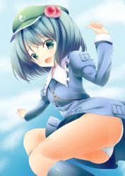 Rule 34 | 1girl, absurdres, ass, bad id, bad pixiv id, blue hair, boots, dress, from below, green eyes, hair bobbles, hair ornament, hand up, hands up, hat, highres, kawashiro nitori, key, long sleeves, looking at viewer, miyashita maka, open mouth, outstretched arms, panties, pantyshot, pocket, rubber boots, shirt, short hair, skirt, skirt set, smile, solo, touhou, twintails, two side up, underwear, white panties