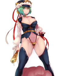 Rule 34 | 1boy, 1girl, adapted costume, breasts, cleavage, defeat, detached sleeves, gold trim, green eyes, green hair, hand on own hip, hat, highres, legs apart, ribbon trim, rod of remorse, sekiyu (spartan), shiki eiki, solo focus, standing, thighhighs, touhou