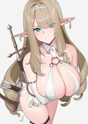 Rule 34 | 1girl, arrow (projectile), bare shoulders, blush, bow (weapon), breasts, cleavage, collarbone, elf, hayabusa (vert 320), highres, large breasts, long hair, looking at viewer, original, pointy ears, quiver, solo, sword, thighs, tsundere, weapon, white background