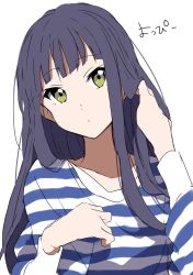 Rule 34 | 1girl, blue hair, blue shirt, blunt bangs, close-up, closed mouth, commentary request, green eyes, hand in own hair, head tilt, highres, long hair, long sleeves, looking at viewer, nanase yoshino, one-hour drawing challenge, sekina, shirt, simple background, solo, striped clothes, striped shirt, translation request, wake up girls!, white background