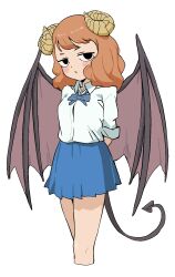 Rule 34 | 1girl, arms behind back, black eyes, blue bow, blue bowtie, blue skirt, bow, bowtie, brown hair, closed mouth, collared shirt, copyright request, curled horns, demon girl, demon tail, demon wings, fang, fang out, head tilt, highres, horns, jitome, looking at viewer, miniskirt, osame, pleated skirt, school uniform, shirt, skirt, solo, tail, white shirt, wing collar, wings
