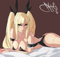 Rule 34 | 1girl, alternate breast size, arc system works, armband, ass, bare shoulders, bikini, blazblue, blonde hair, breasts, cleavage, eu03, hair ribbon, impossible clothes, large breasts, long hair, lying, aged up, on stomach, rachel alucard, red eyes, ribbon, solo, strapless, swimsuit, thong bikini, twintails