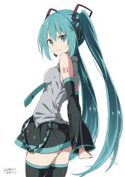 Rule 34 | 1girl, aqua eyes, aqua hair, arms behind back, artist name, detached sleeves, from side, hatsune miku, headset, long hair, looking at viewer, looking back, necktie, ragho no erika, simple background, skirt, solo, thighhighs, twintails, very long hair, vocaloid, white background