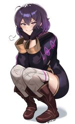 Rule 34 | 1girl, black gloves, brown footwear, coat, fire emblem, fire emblem awakening, gloves, head on hand, highres, looking at viewer, morgan (female) (fire emblem), morgan (fire emblem), nintendo, purple coat, short hair, smile, solo, squatting, thighhighs, thighs, v-shaped eyebrows, white background, zet (twt zet)