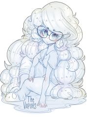 Rule 34 | absurdly long hair, blank stare, breasts, copyright name, curly hair, dear-cotton-candy, glasses, highres, long hair, looking at viewer, magda, monochrome, pants, shirt, slippers, small breasts, sweatpants, t-shirt, the vapors, very long hair