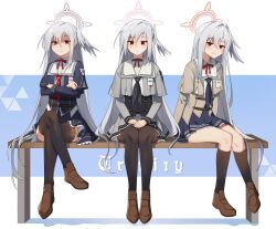 Rule 34 | 3girls, absurdres, bench, black socks, black thighhighs, blue archive, blue background, brown footwear, brown jacket, colored shadow, commission, crossed arms, crossed legs, english text, feathered wings, grey jacket, grey serafuku, halo, hands on lap, happy birthday, head wings, highres, jacket, kneehighs, loafers, long hair, long sleeves, looking at viewer, maaki12, multiple girls, multiple persona, on bench, own hands together, red eyes, school uniform, second-party source, serafuku, shadow, shirt, shoes, single head wing, sitting, sleeves past wrists, smile, socks, suzumi (blue archive), thighhighs, two-tone background, white background, white hair, white shirt, white wings, wings