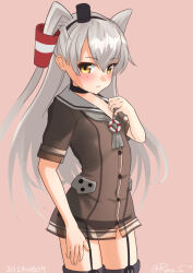 1girl adapted_costume amatsukaze_(kancolle) artist_logo black_panties brown_dress brown_eyes dated dress flat_chest garter_straps grey_hair grey_neckerchief hair_tubes hat kantai_collection lifebuoy_ornament long_hair mini_hat neckerchief one-hour_drawing_challenge panties pink_background ray.s sailor_collar sailor_dress see-through see-through_dress short_dress short_sleeves simple_background smokestack_hair_ornament solo thighhighs two_side_up underwear white_sailor_collar