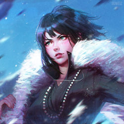 Rule 34 | 1girl, artist name, black dress, black hair, blurry, blush, collar, dress, fubuki (one-punch man), fur trim, green eyes, guweiz, jewelry, light smile, lips, long sleeves, necklace, one-punch man, parted lips, pearl necklace, realistic, short hair, solo, upper body, wind