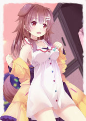 Rule 34 | 1girl, 54hao, :3, :d, animal ears, blush, bone hair ornament, breasts, brown eyes, brown hair, cartoon bone, cleavage, collarbone, dog ears, dog girl, dog tail, dress, hair ornament, highres, hololive, inugami korone, inugami korone (1st costume), jacket, long hair, long sleeves, looking away, medium breasts, off shoulder, open clothes, open jacket, open mouth, sleeveless, sleeveless dress, smile, solo, tail, virtual youtuber, white dress, yellow jacket