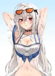 Rule 34 | 1girl, ahoge, arknights, arms behind head, arms up, bad id, bad pixiv id, bare shoulders, black choker, blue background, breasts, canape (canape0130), choker, cleavage, commentary request, eyewear on head, gradient background, hair between eyes, hair ornament, highres, long hair, medium breasts, navel, no headwear, off-shoulder shirt, off shoulder, official alternate costume, parted lips, red eyes, shirt, short sleeves, silver hair, skadi (arknights), skadi (waverider) (arknights), solo, stomach, sunglasses, upper body, very long hair, whale hair ornament, white shirt
