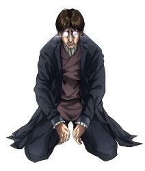 Rule 34 | 1boy, black pants, brown hair, coat, daisx (dais0115), facial hair, full body, glasses, goatee, grisha yeager, highres, kneeling, male focus, official style, open clothes, open coat, pants, round eyewear, sad, shingeki no kyojin, solo, white background