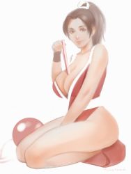 Rule 34 | 1girl, ball, belt, between legs, breasts, brown hair, cleavage, dead or alive, hand between legs, japanese clothes, kimono, large breasts, legs together, looking at viewer, nextoad, ponytail, red kimono, seiza, shiranui mai, sitting, solo, white background, white belt, wristband