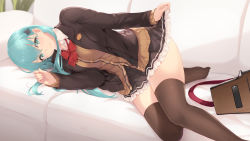 Rule 34 | 1girl, aqua eyes, aqua hair, blazer, blush, bow, bowtie, breasts, brown cardigan, brown jacket, brown skirt, brown thighhighs, cait aron, cardigan, clothes lift, collared shirt, couch, hair between eyes, hair ornament, hairclip, highres, jacket, kantai collection, large breasts, lifted by self, long hair, looking at viewer, lying, on side, open cardigan, open clothes, petticoat, pleated skirt, red bow, red bowtie, school uniform, shirt, sidelocks, skirt, skirt lift, smile, solo, suzuya (kancolle), thighhighs, white shirt