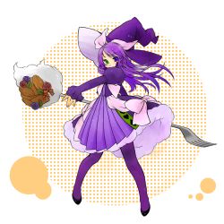 Rule 34 | 1girl, dress, duel monster, fork, hat, heterochromia, madolche, madolche magileine, madolche majoleine, pantyhose, purple hair, purple pantyhose, solo, witch hat, yu-gi-oh!