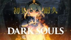 Rule 34 | 1girl, amano pikamee, aqua camisole, blonde hair, bonfire, camisole, closed mouth, copyright name, dark souls (series), dark souls i, empty eyes, fingernails, fire, green nails, gyari (imagesdawn), hand up, highres, looking at viewer, nail polish, red eyes, solo, sweater, virtual youtuber, voms, white sweater