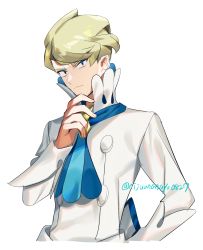 Rule 34 | 1boy, ascot, blonde hair, blue ascot, blue eyes, closed mouth, commentary request, creatures (company), frown, game freak, hand up, high collar, highres, looking at viewer, male focus, ninahachi, nintendo, pokemon, pokemon xy, shirt, short hair, siebold (pokemon), simple background, solo, upper body, white background, white shirt