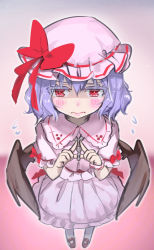 Rule 34 | 1girl, 3:, bat wings, blue hair, blush, bow, colored eyelashes, commentary request, dress, flying sweatdrops, hair between eyes, hat, hat bow, looking at viewer, mary janes, mob cap, pink background, pink dress, pink hat, puffy short sleeves, puffy sleeves, red bow, red eyes, remilia scarlet, shoes, short hair, short sleeves, solo, syuri22, touhou, wings, wrist cuffs